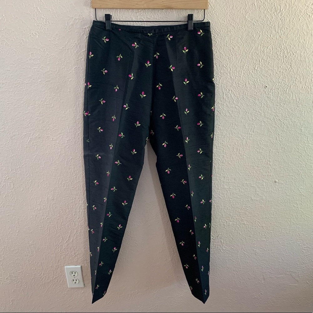 Vintage black silk pants tulip embroidered
